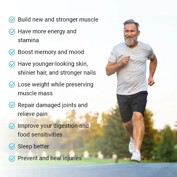 Advanced Amino Formula health benefits checklist with active senior