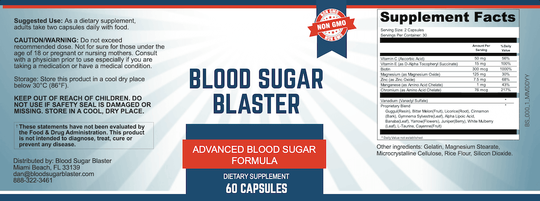 Blood Sugar Blaster supplement label showing 20-ingredient proprietary blend